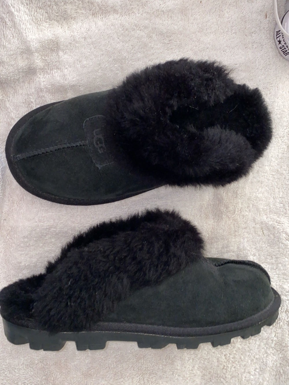 UGG Women's Black Suede Fur-Collar Mule Slippers
